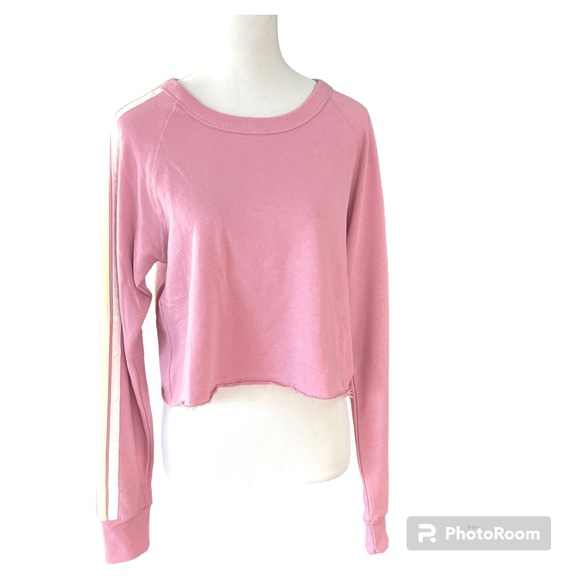 Wildfox Homestead Stripes cropped pullover sweatshirt raw rolled edge L NEW - Picture 4 of 7